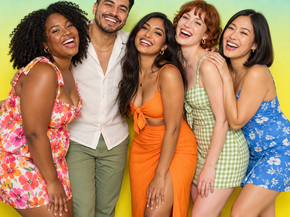 Five friends in summer dresses laughing at a blue to yellow gradient backdrop photo booth at a summer party in Chesapeake