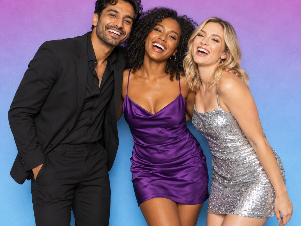 Three friends in satin and sequins laughing at a magenta to blue gradient backdrop photo booth at a birthday party in Hampton