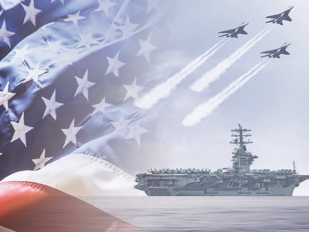 Custom-printed backdrop with an American flag, an aircraft carrier, and fighter jets