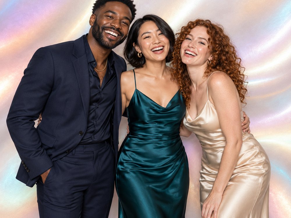 Three friends in satin laughing at an iridescent opal swirl backdrop photo booth at a birthday party in Richmond
