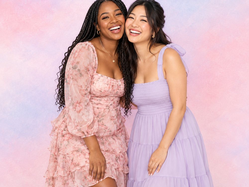 Two friends in pastel dresses laughing at a pink and lilac watercolor backdrop photo booth at a bridal shower in Virginia Beach