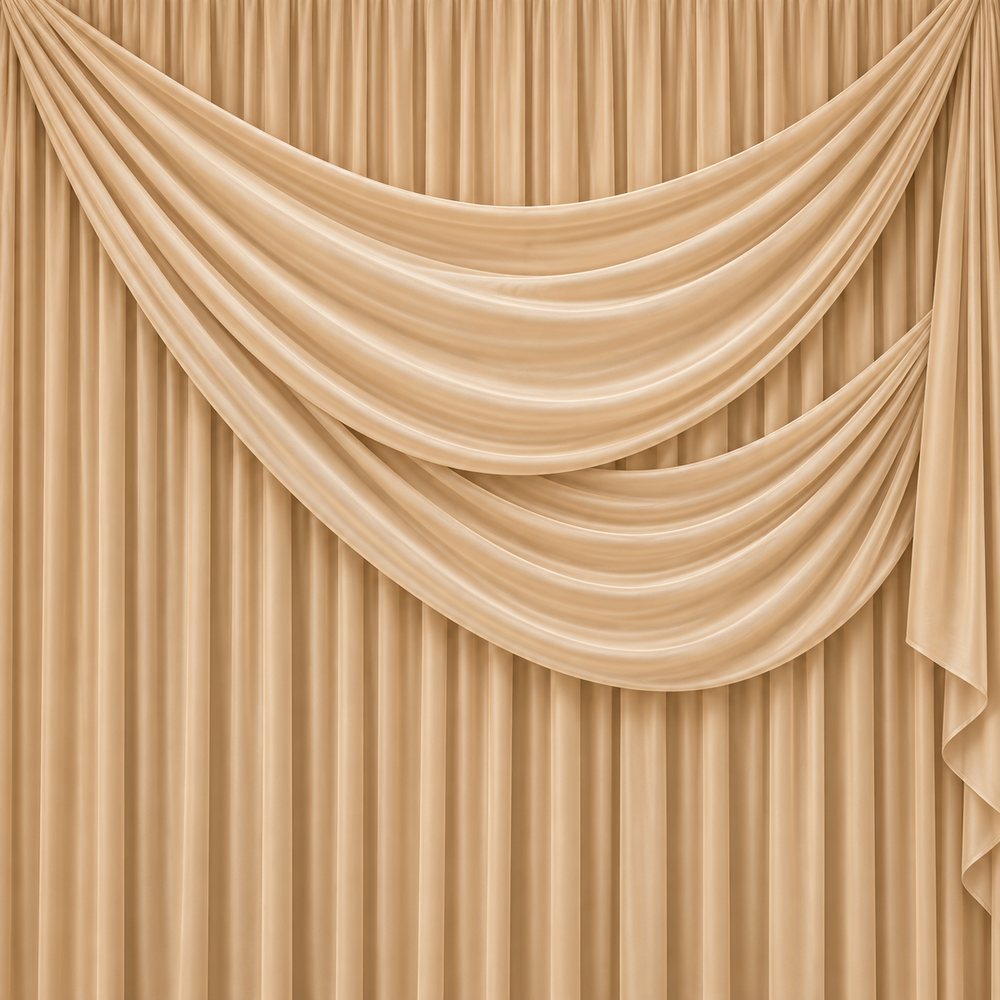 Printed champagne swag and pleated curtain backdrop