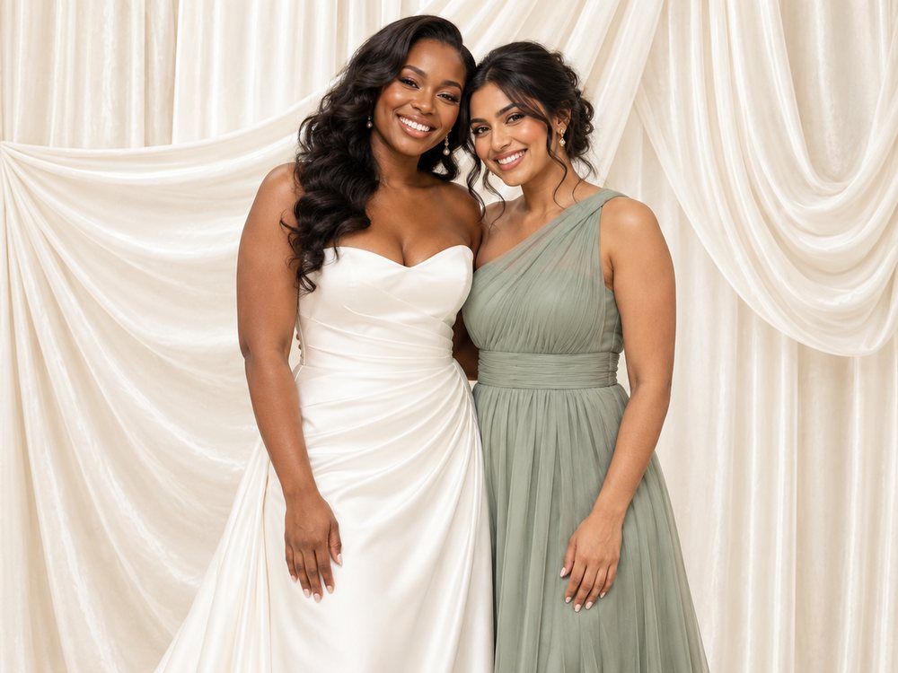 A bride and her bridesmaid smiling at an ivory draped fabric backdrop photo booth at a wedding in Williamsburg