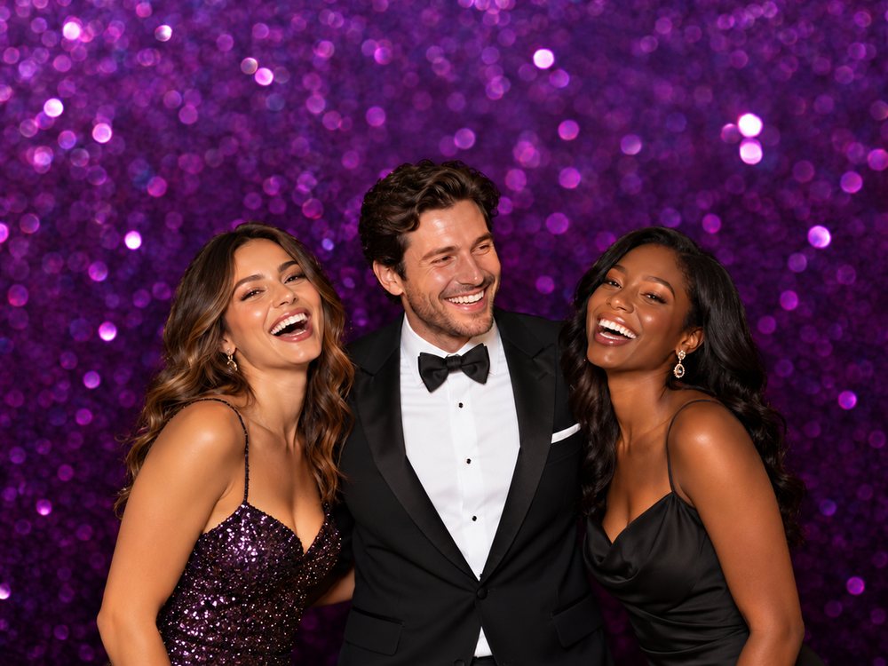Three friends in sequins and a tuxedo laughing at a purple glitter backdrop photo booth at a birthday party in Hampton