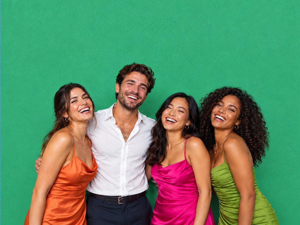 Four friends in bright satin dresses laughing in front of a solid green photo booth backdrop at a birthday party in Chesapeake