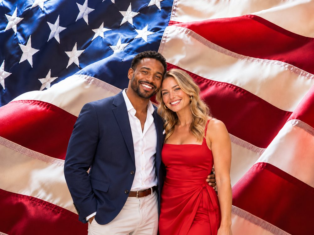 A couple smiling at an American flag backdrop photo booth at a Fourth of July party in Norfolk
