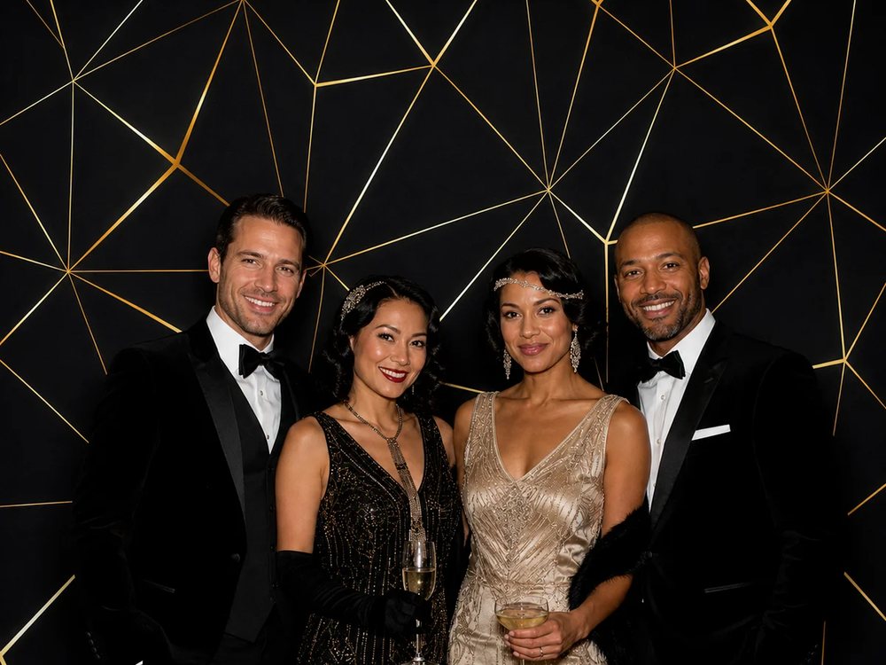 Guests in black-tie attire at a modern black and gold geometric backdrop photo booth at a brand event in Washington DC