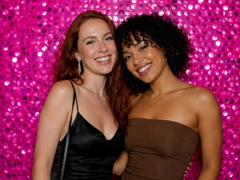 Two friends posing at the bright pink mosaic backdrop photo booth at a bachelorette party in Norfolk