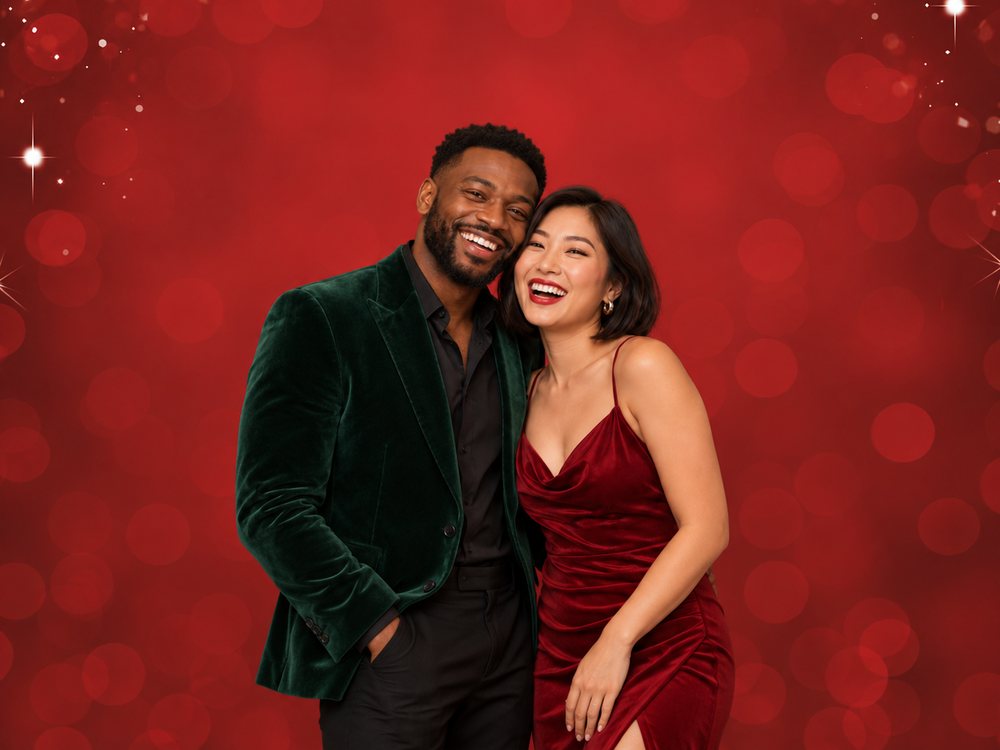 A couple in velvet laughing at a red holiday backdrop photo booth at a Christmas party in Chesapeake