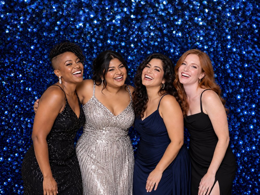 Four friends in formal gowns laughing at a navy sapphire sparkle backdrop photo booth at a gala in Virginia Beach