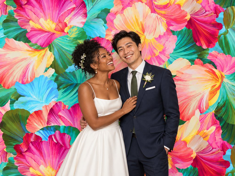 A bride and groom laughing at a bright painted floral backdrop photo booth at a summer wedding in Virginia Beach