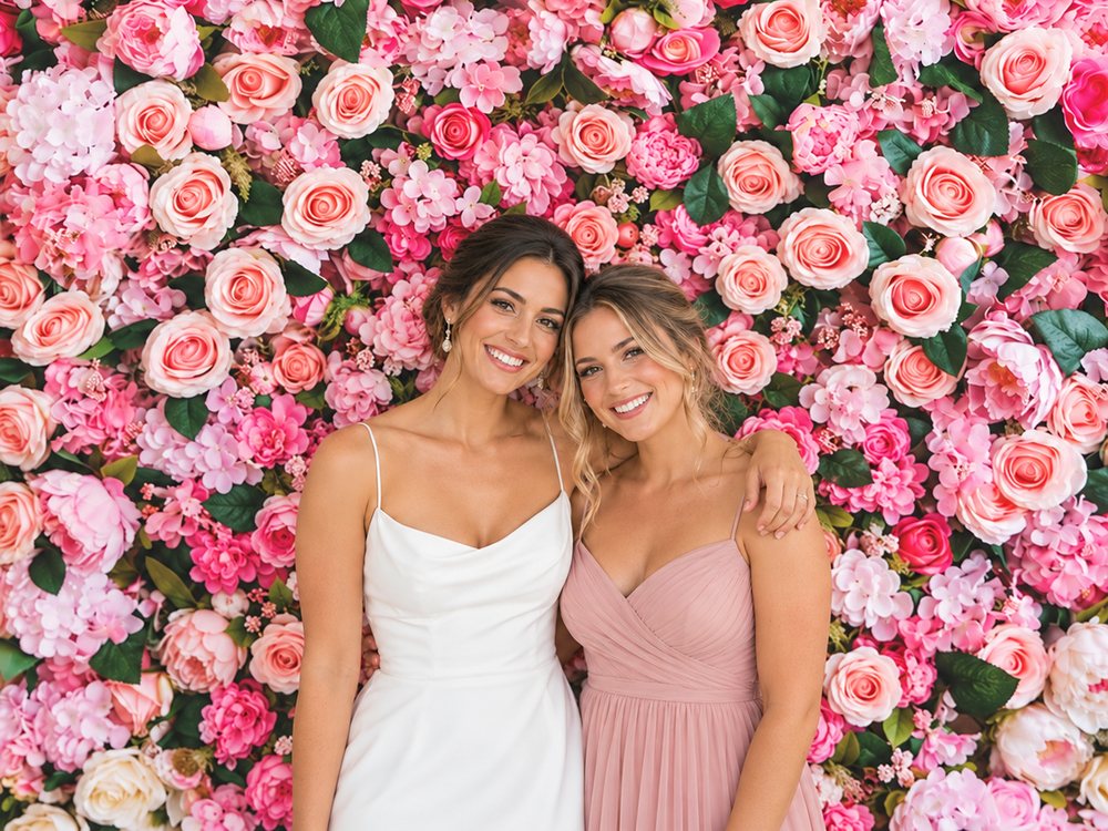 A bride and her bridesmaid smiling at a pink rose wall photo booth at a bridal shower in Williamsburg
