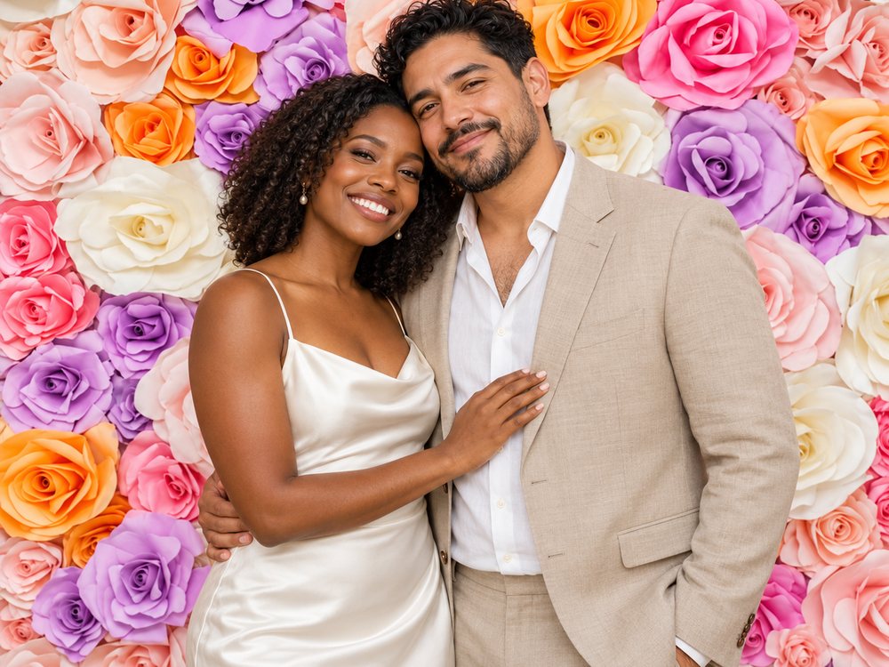 A bride and groom smiling at a lilac, peach, and pink paper rose wall photo booth at a wedding in Norfolk