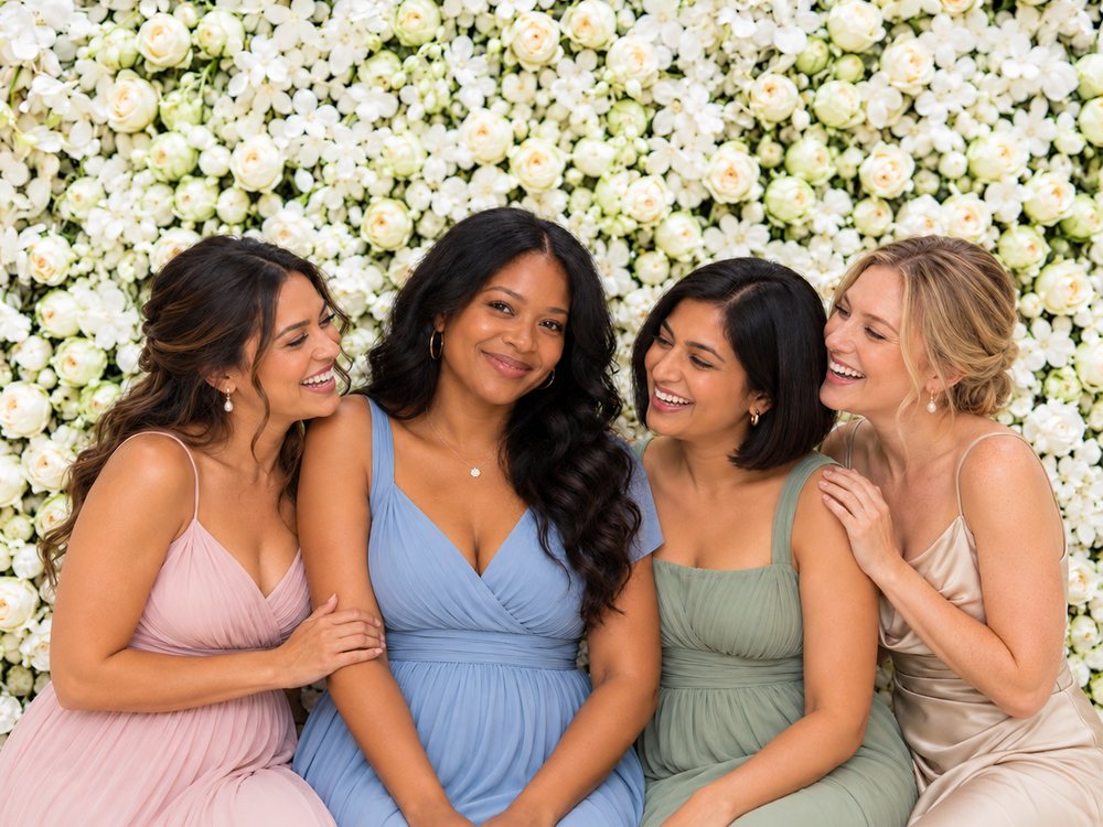 Four bridesmaids in pastel dresses laughing at a white roses and orchids flower wall photo booth at a wedding in Williamsburg